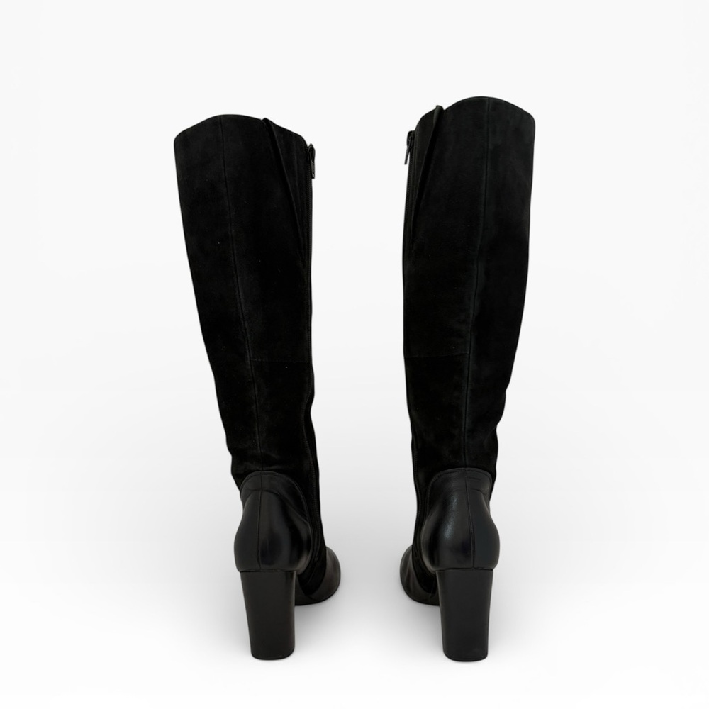 Black Tall Knee-High Leather & Suede Boots W 6.5 Block Heel Side Zip Clarks - Picture 8 of 13